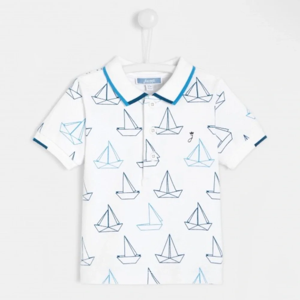 Jacadi Boys White Pique Knit Polo Shirt with Blue Sailboat Print - Size 12M